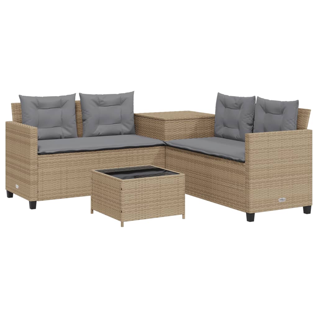 Sofá de jardín en forma de L con mesa y cojines ratán PE beige