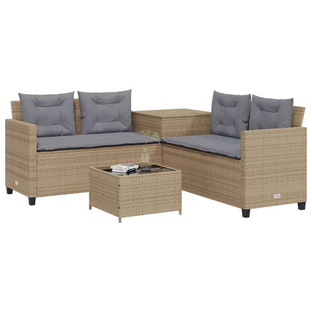 Sofá de jardín en forma de L con mesa y cojines ratán PE beige