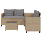 Sofá de jardín en forma de L con mesa y cojines ratán PE beige