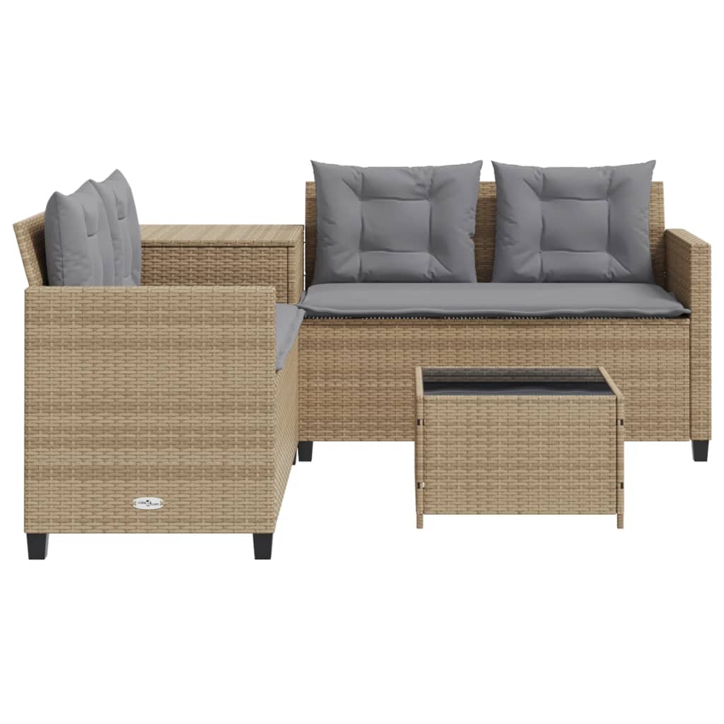 Sofá de jardín en forma de L con mesa y cojines ratán PE beige