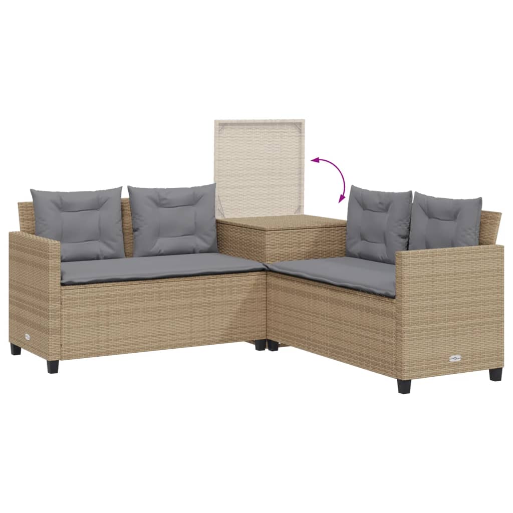 Sofá de jardín en forma de L con mesa y cojines ratán PE beige