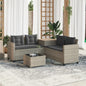 Sofá de jardim em forma de L com mesa e almofadas de vime PE cinzento claro