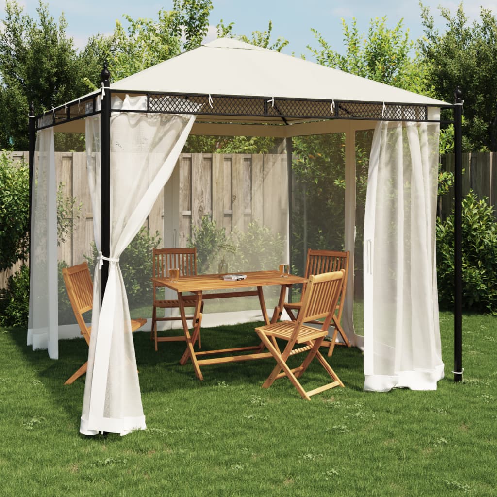 Cenador con cortinas acero color crema 3x3 m