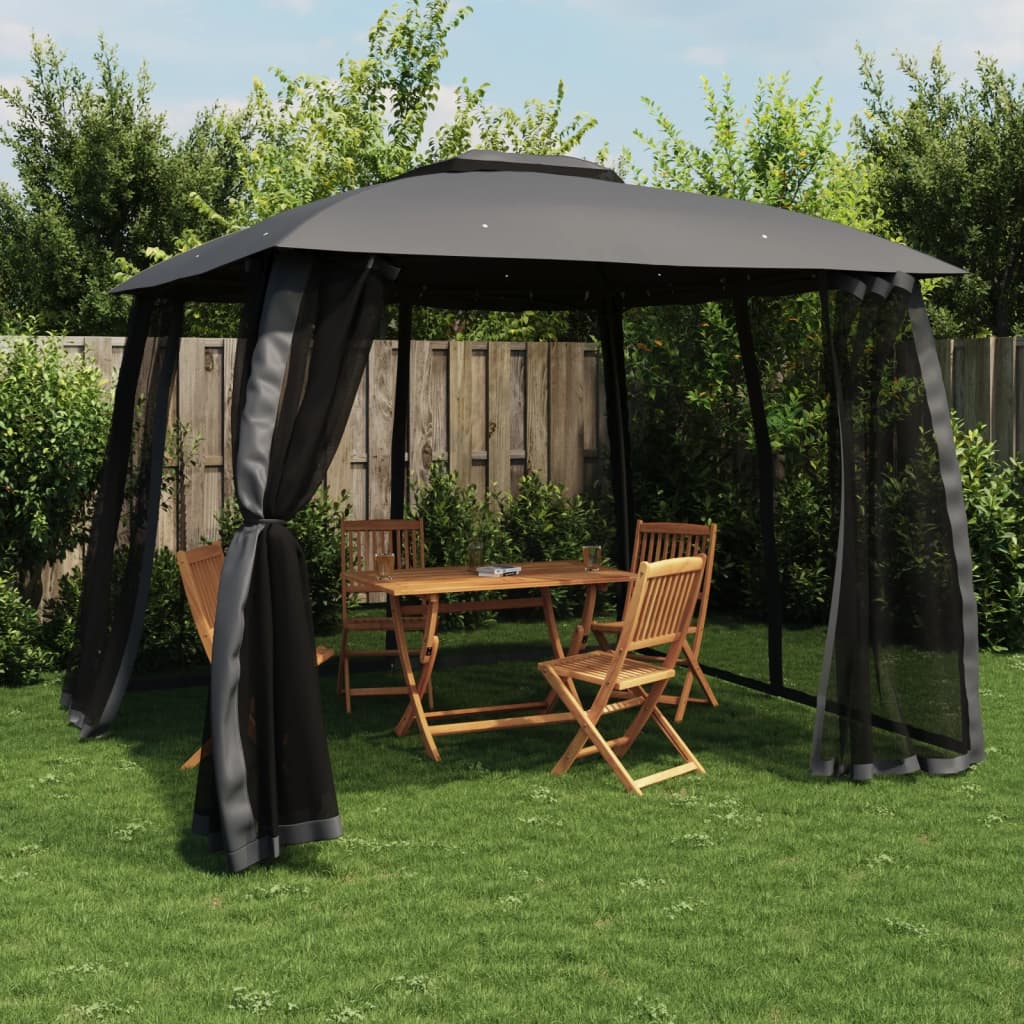 Cenador con cortinas acero color crema 3x3 m