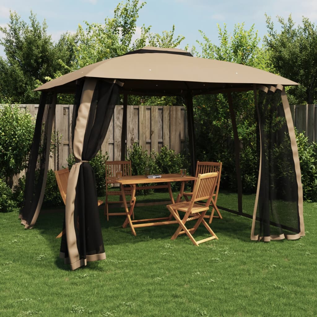 Cenador con cortinas acero color crema 3x3 m