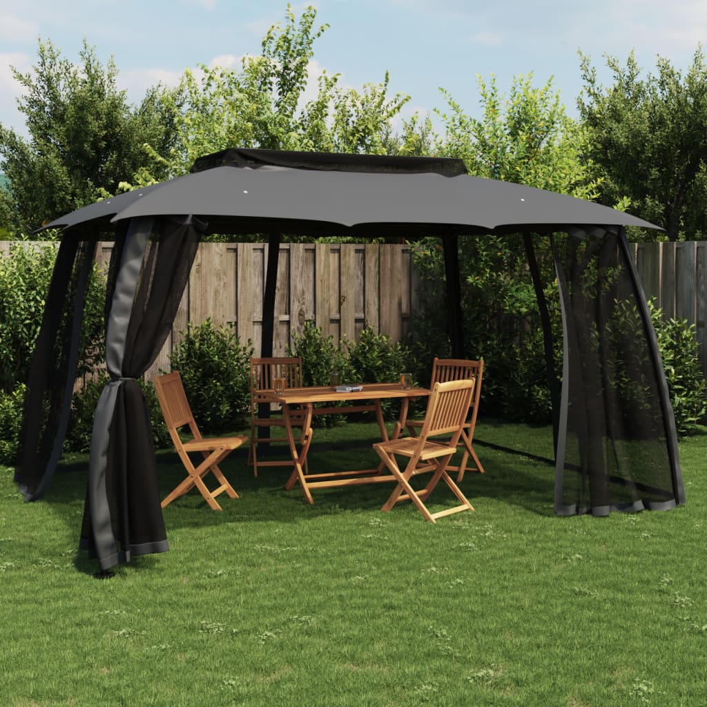 Cenador con cortinas acero color crema 3x3 m