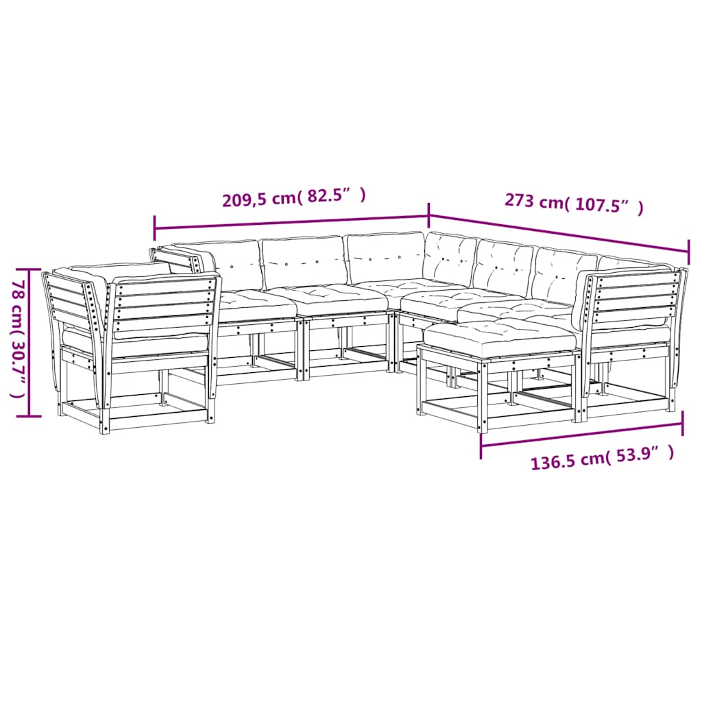 Muebles de jardín 8 pzas y cojines madera maciza pino
