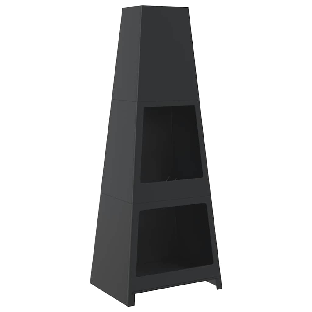 Chimenea de exterior con leñero y diseño de torre acero negro