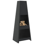 Chimenea de exterior con leñero y diseño de torre acero negro