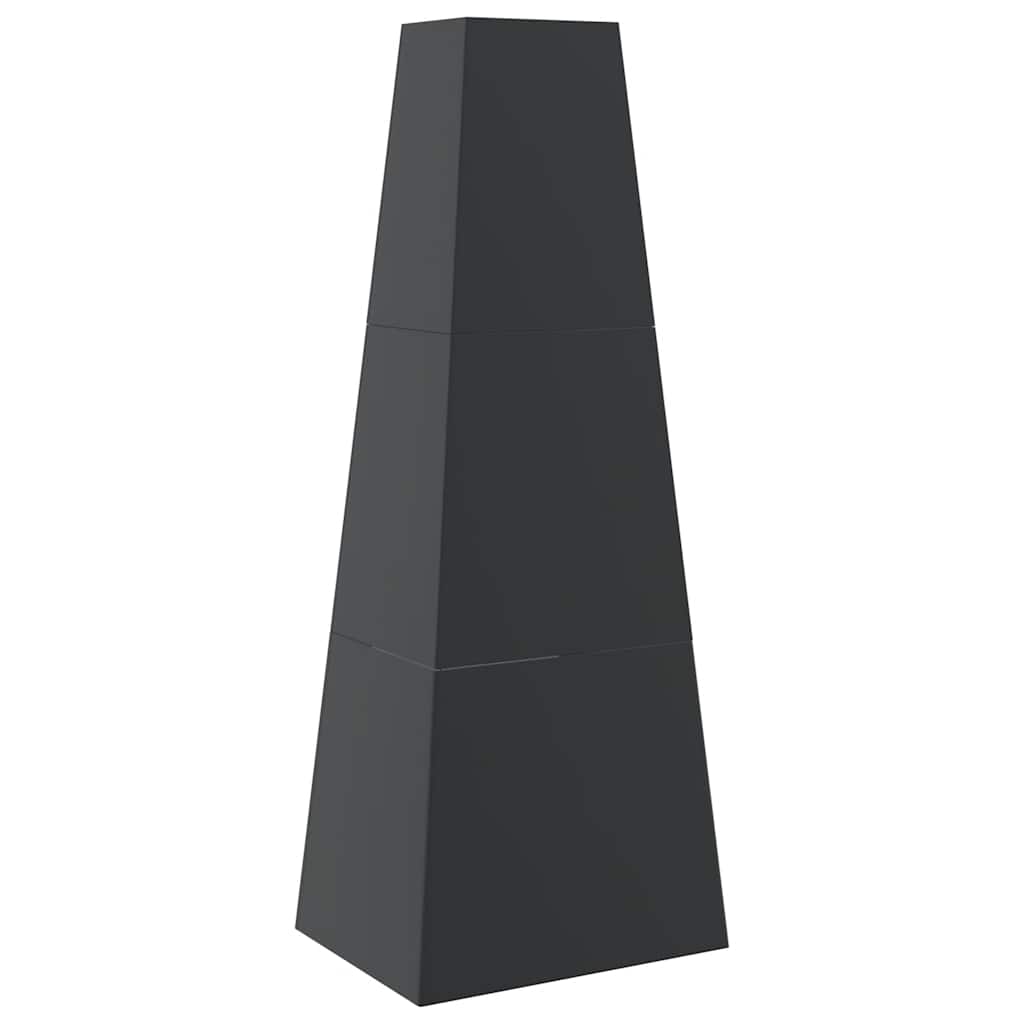 Chimenea de exterior con leñero y diseño de torre acero negro