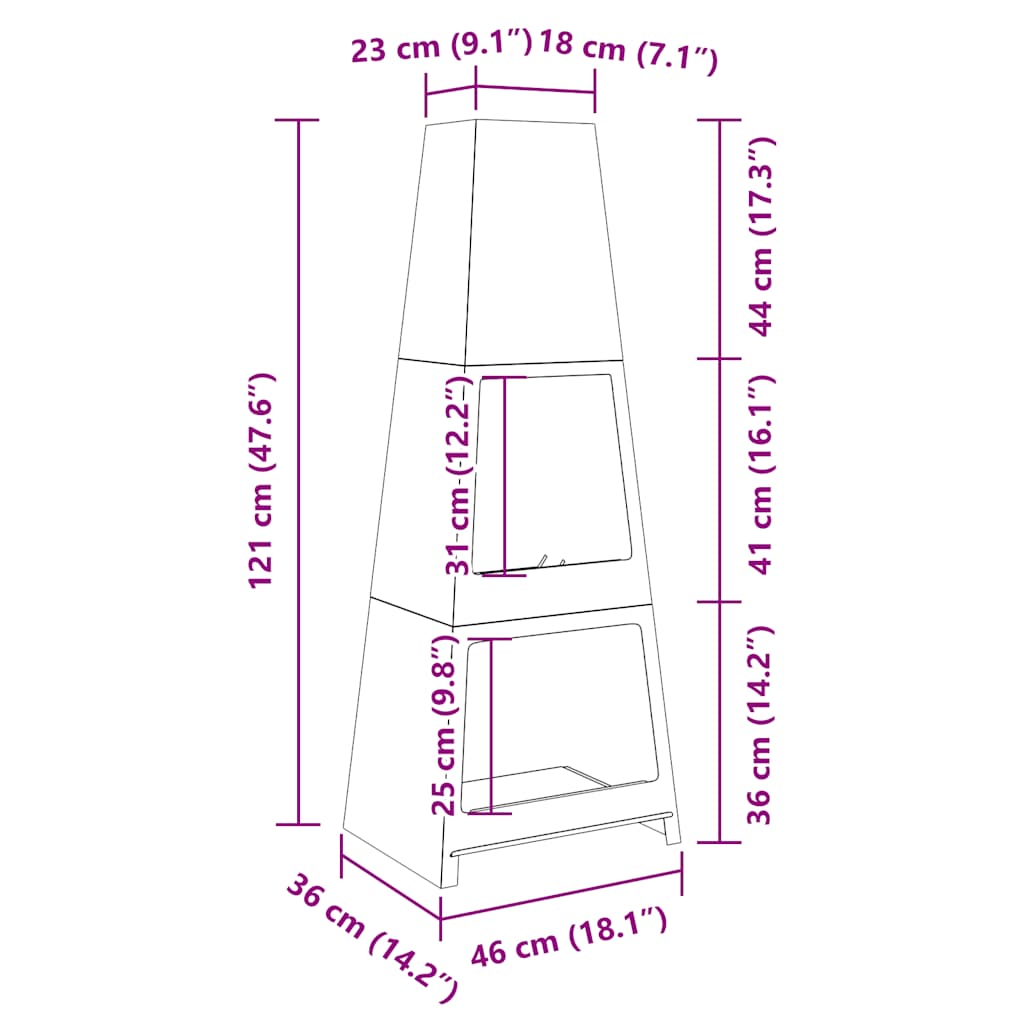 Chimenea de exterior con leñero y diseño de torre acero negro