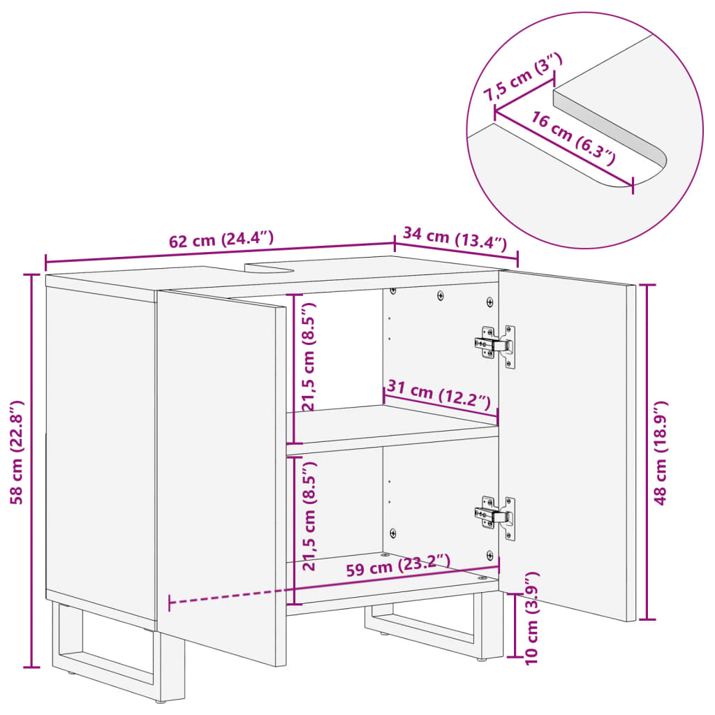 Armario de lavabo para baño madera maciza de acacia 62x34x58 cm