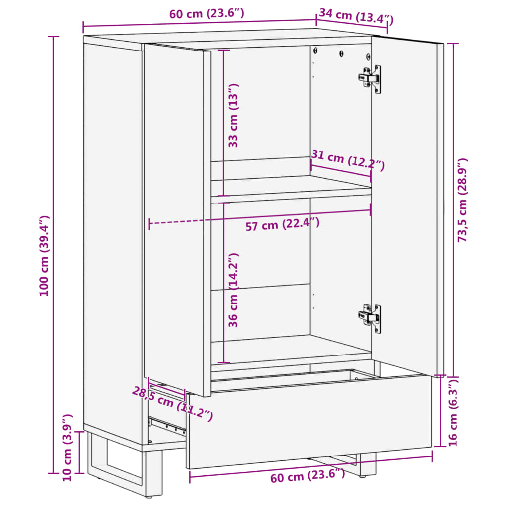 Aparador alto de madera maciza mango rugosa 60x34x100 cm