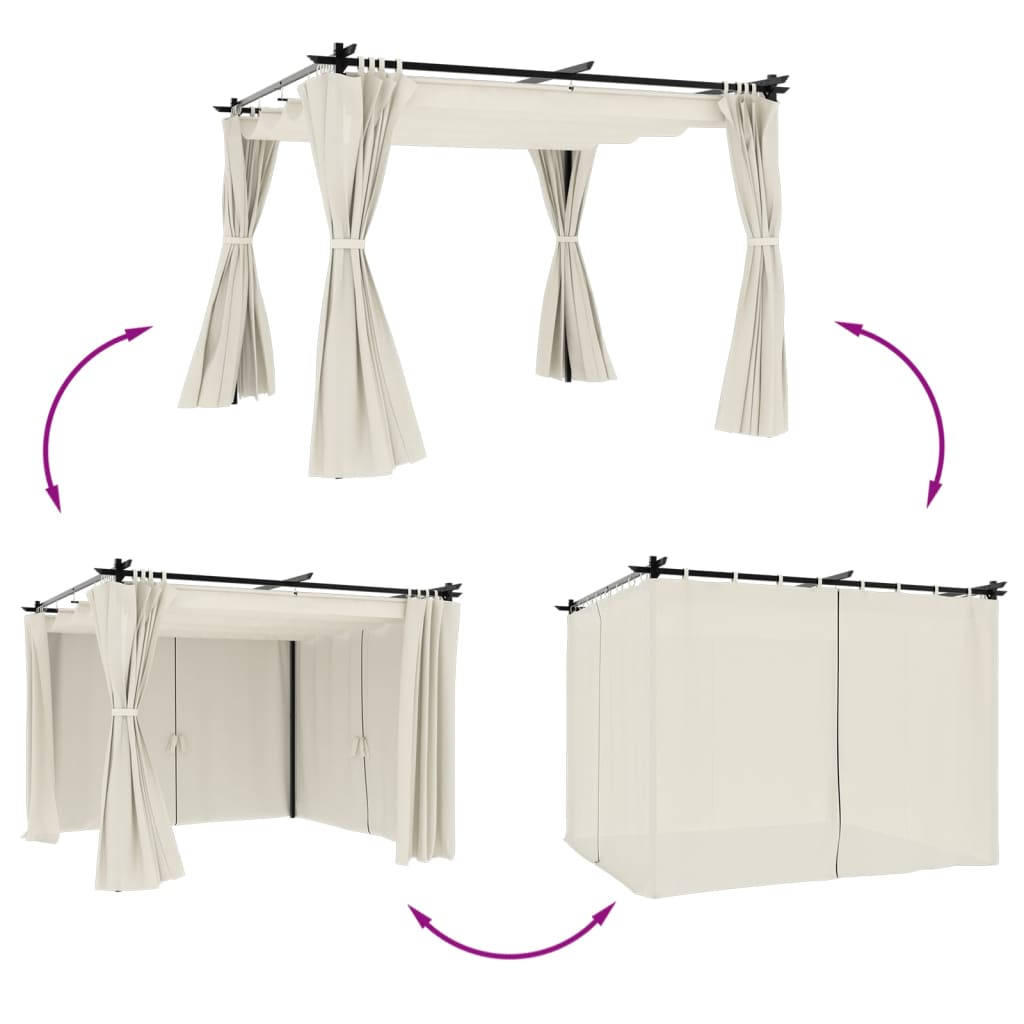 Cenador con cortinas acero color crema 3x3 m