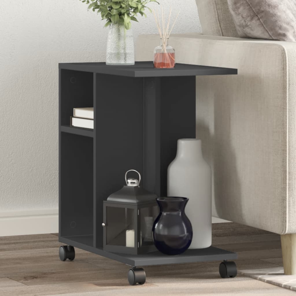 End table with wheels black engineered wood 50x30x55 cm