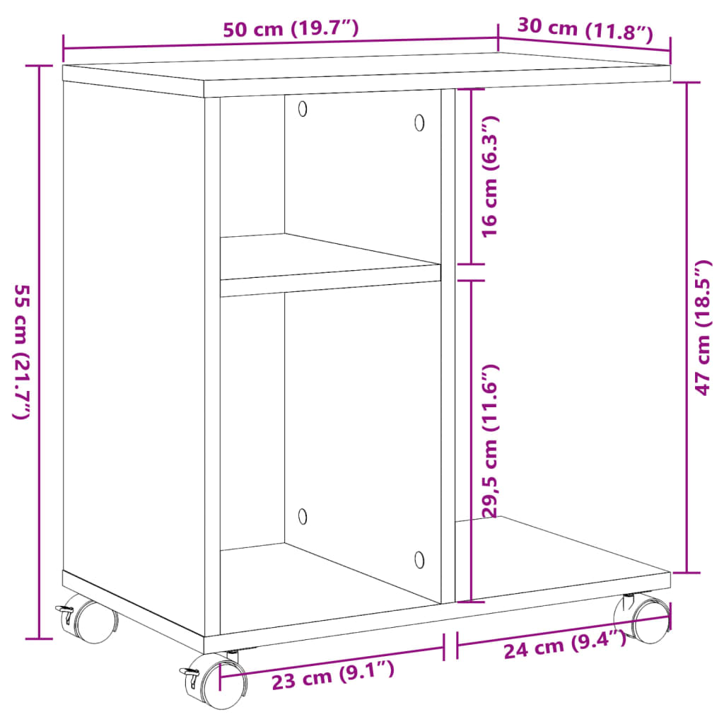 Mesa auxiliar ruedas madera ingeniería roble ahumado 50x30x55cm