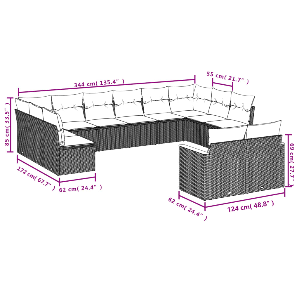 Set sofás de jardín 14 pzas con cojines ratán sintético beige