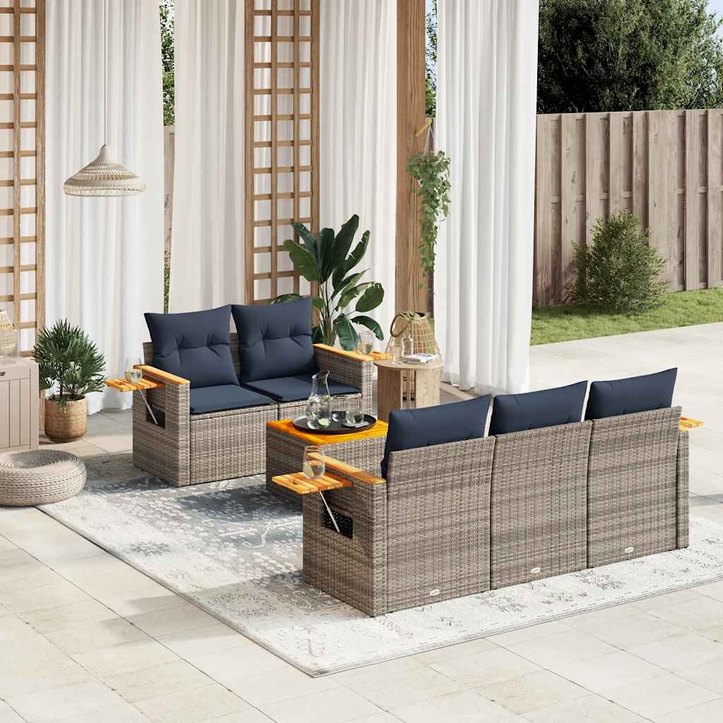Set de sofás de jardín 6 piezas y cojines ratán sintético negro