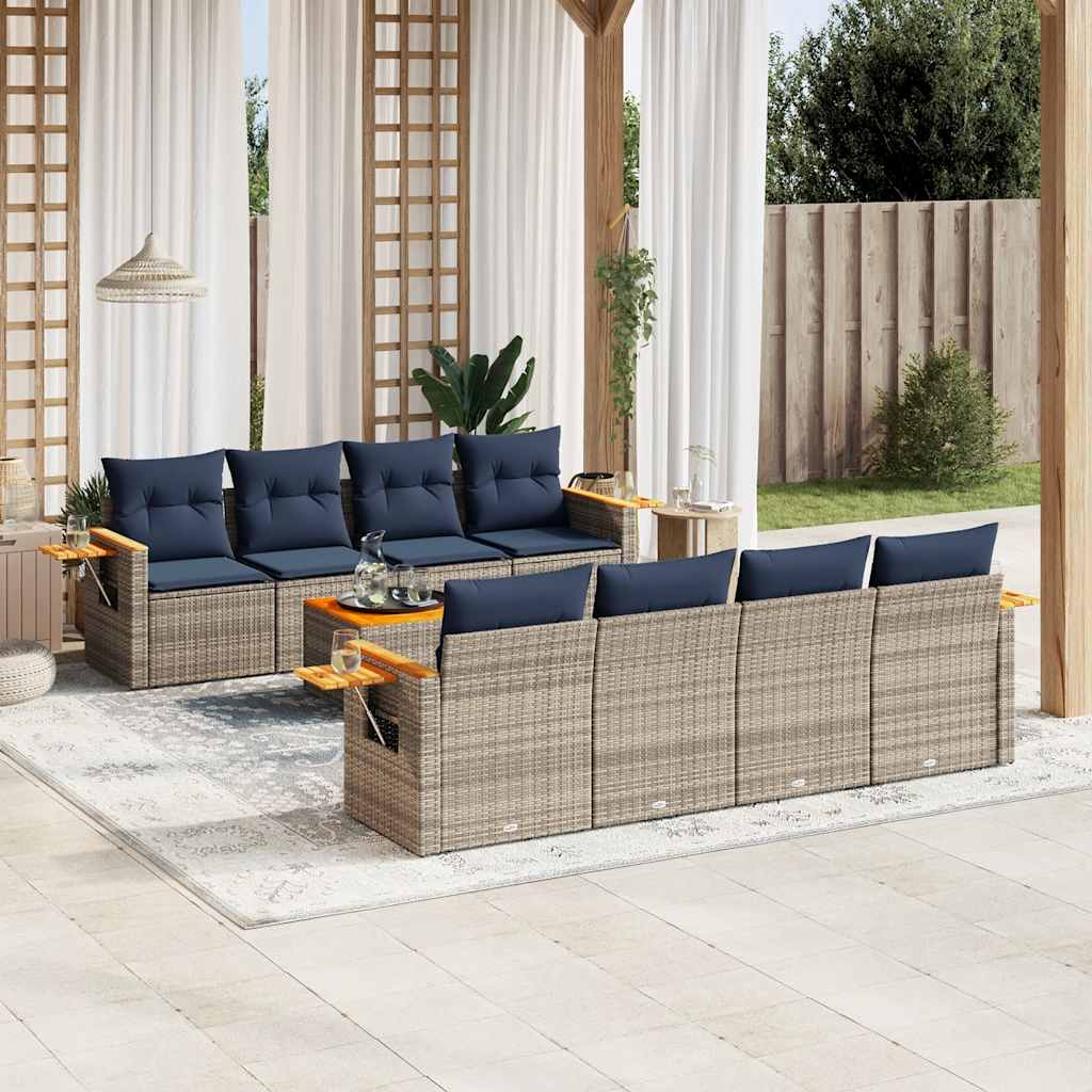 Set de sofás de jardín 9 pzas con cojines ratán sintético gris
