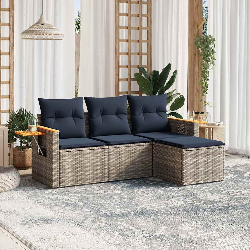 Set de sofás de jardín 14 pzas con cojines ratán sintético gris