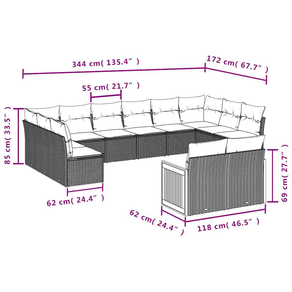 Set de sofás de jardín y cojines 12 pzas ratán sintético negro