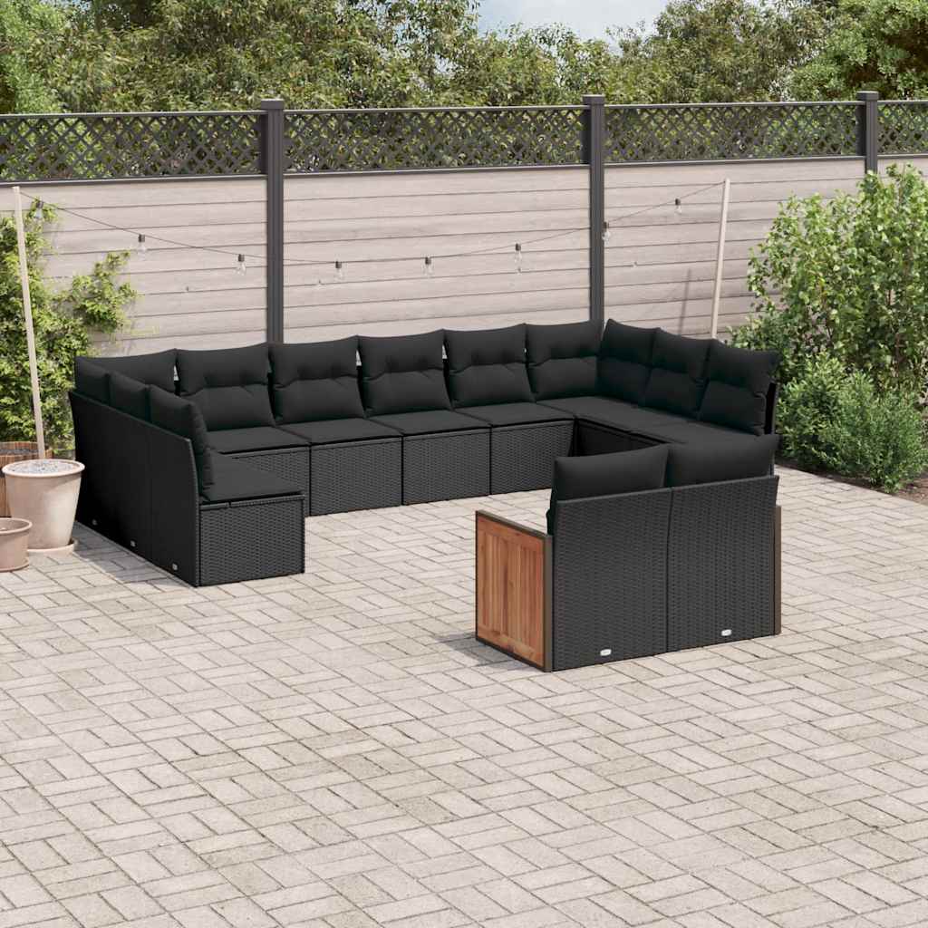 Set de sofás de jardín y cojines 12 pzas ratán sintético negro