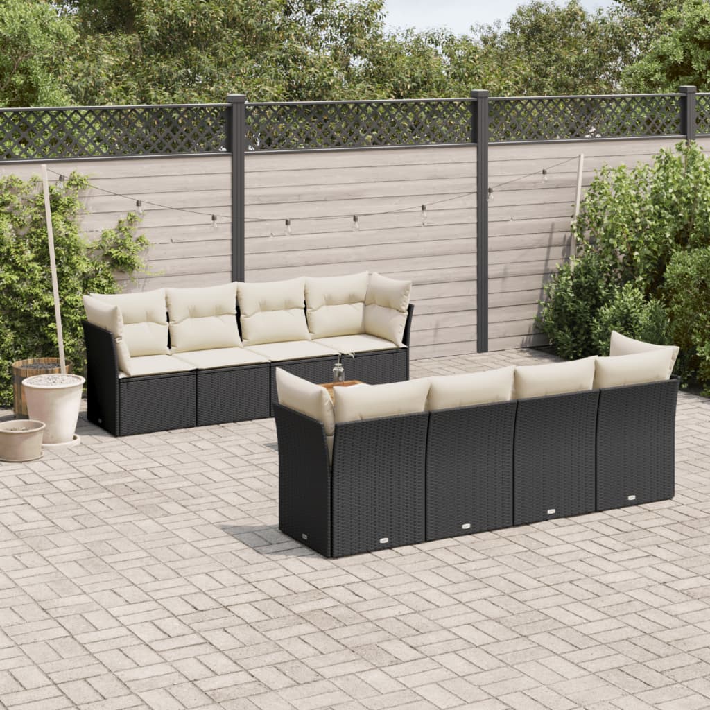 Set de sofás de jardín 8 piezas y cojines ratán sintético negro