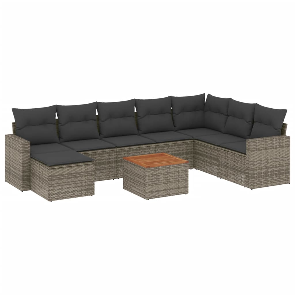 Set de muebles de jardín 9 pzas y cojines ratán sintético gris