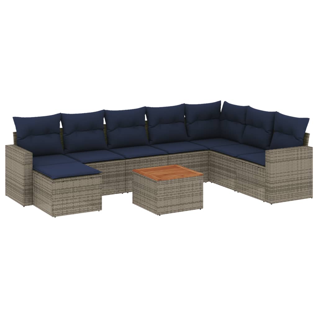 Set de sofás de jardín 9 pzas con cojines ratán sintético gris