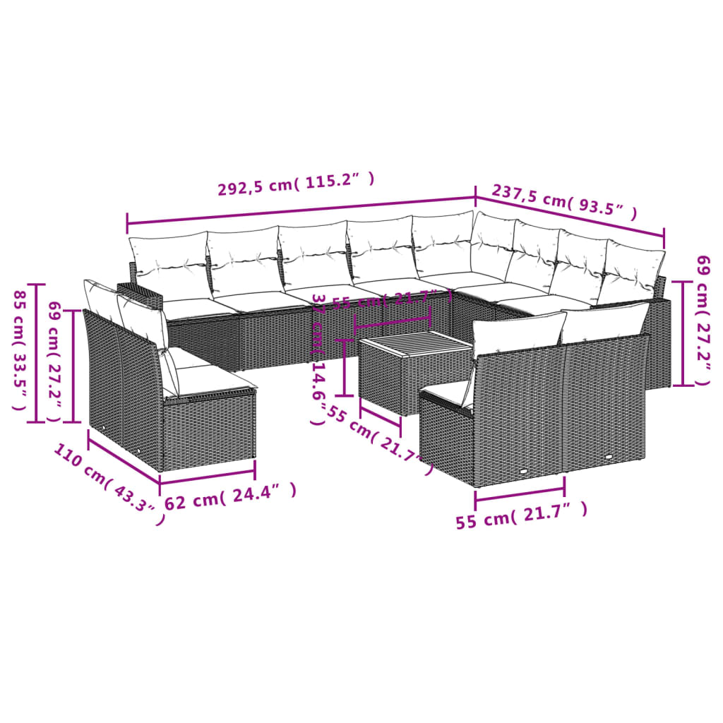Set sofás de jardín con cojines 13 pzas ratán sintético beige