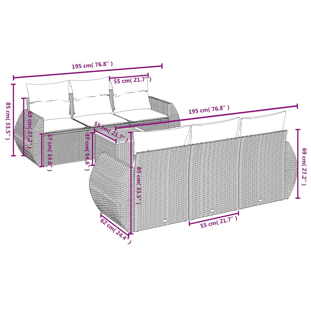 Set de comedor de jardín 7 pzas y cojines ratán sintético negro