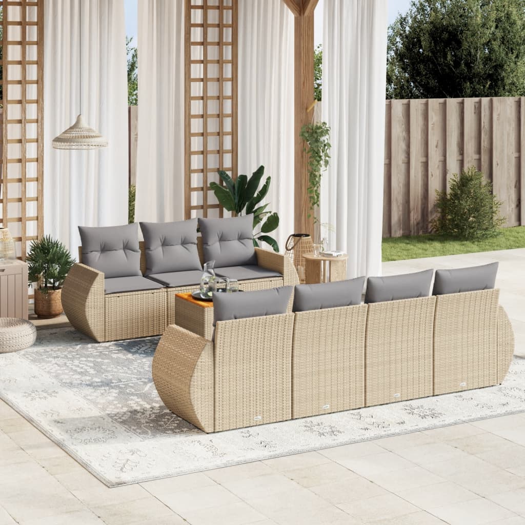 Juego de sofás de jardín con cojines beige 8 pzas ratán PE