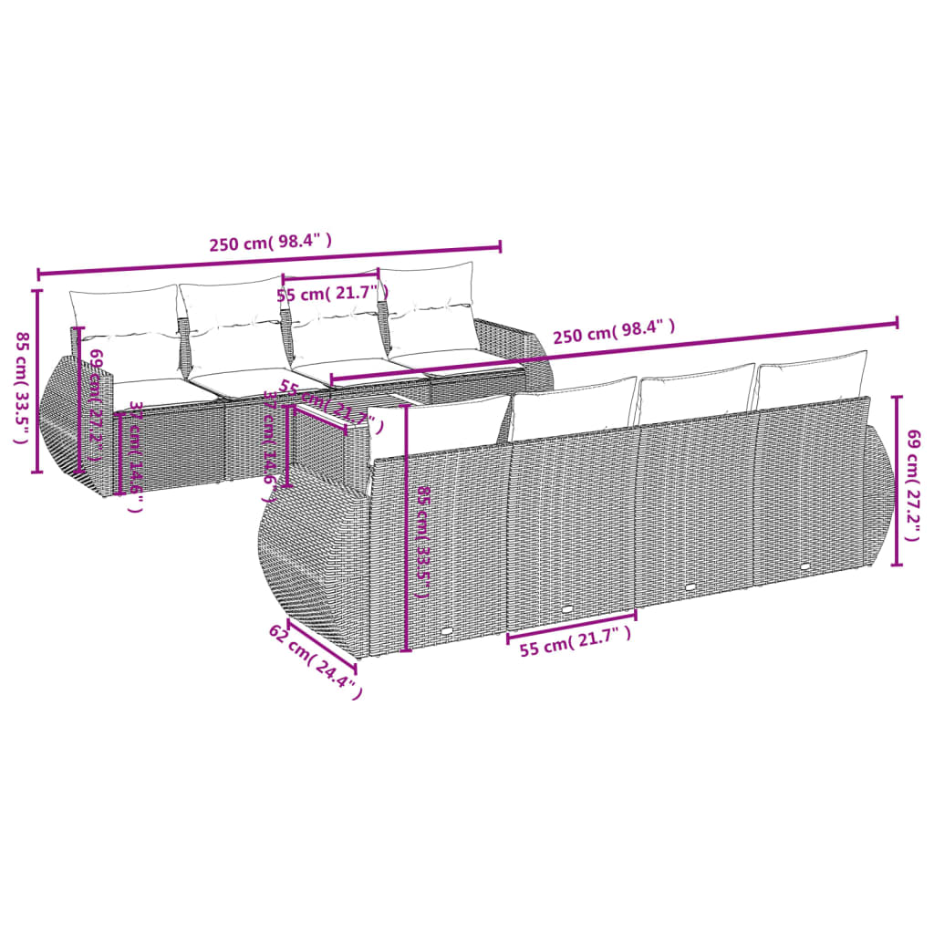 Set de muebles de jardín 9 pzas y cojines ratán sintético gris