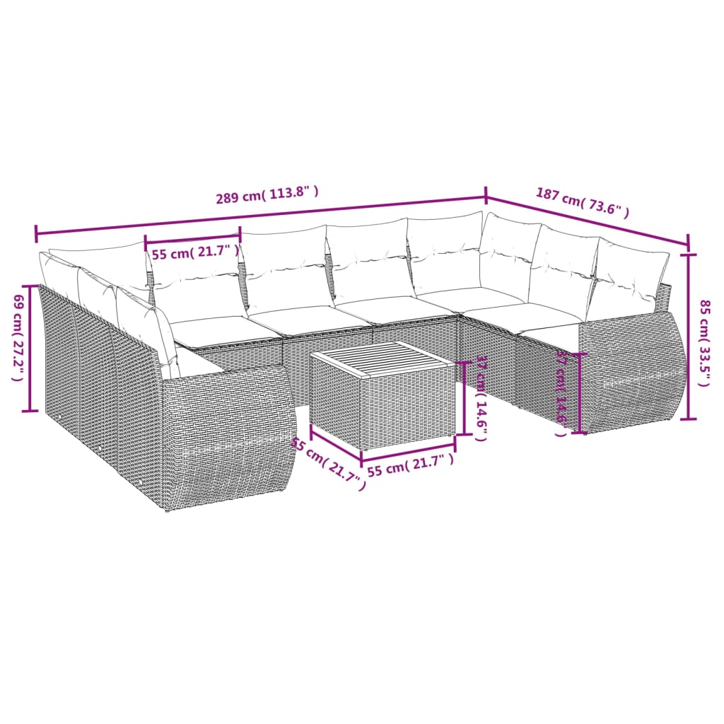 Set de sofás de jardín 10 pzas con cojines ratán sintético gris