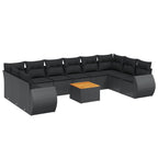 Set de sofás de jardín 11 pzas y cojines ratán sintético negro