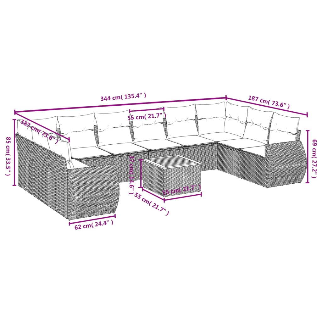 Set de sofás de jardín 11pzas con cojines ratán sintético beige