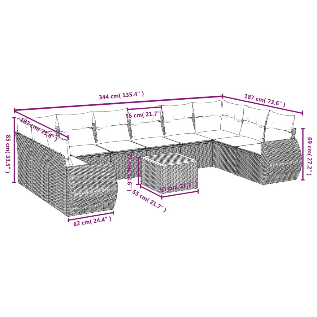 Set de sofás de jardín 11 pzas y cojines ratán sintético gris