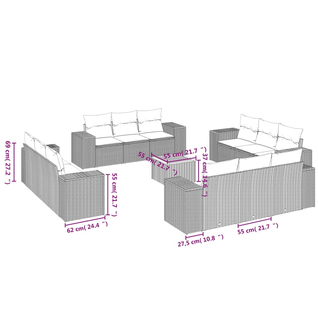 Set sofás de jardín con cojines 13 pzas ratán sintético beige