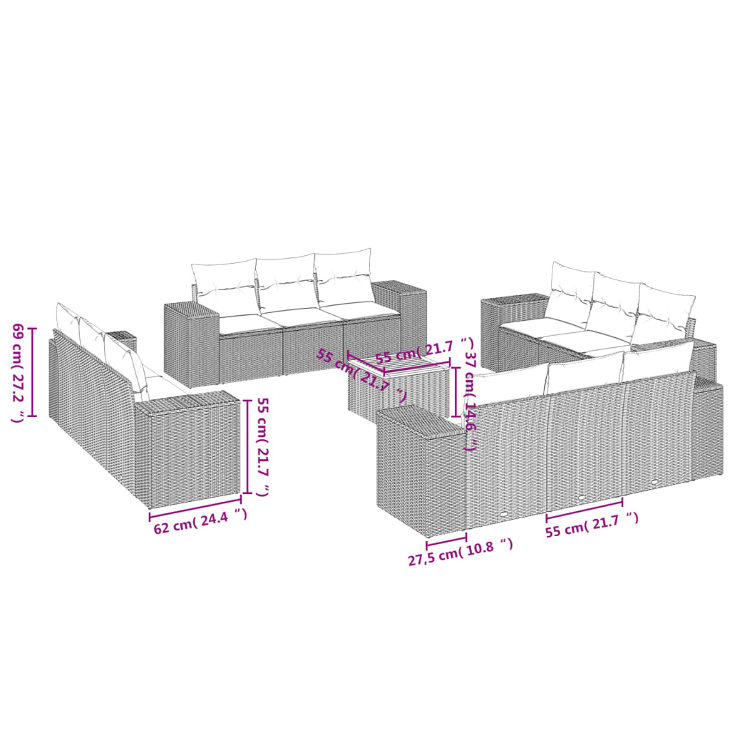 Set sofás de jardín con cojines 13 piezas ratán sintético gris