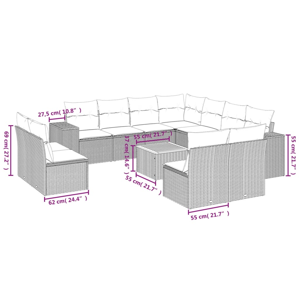 Set de sofás de jardín 12 pzas y cojines ratán sintético marrón