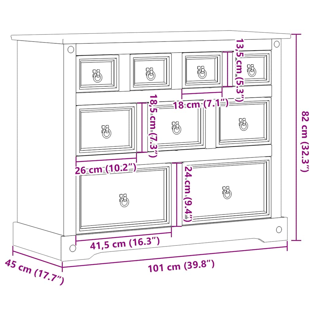 Cómoda cajonera Corona madera maciza de pino 101x45x82 cm