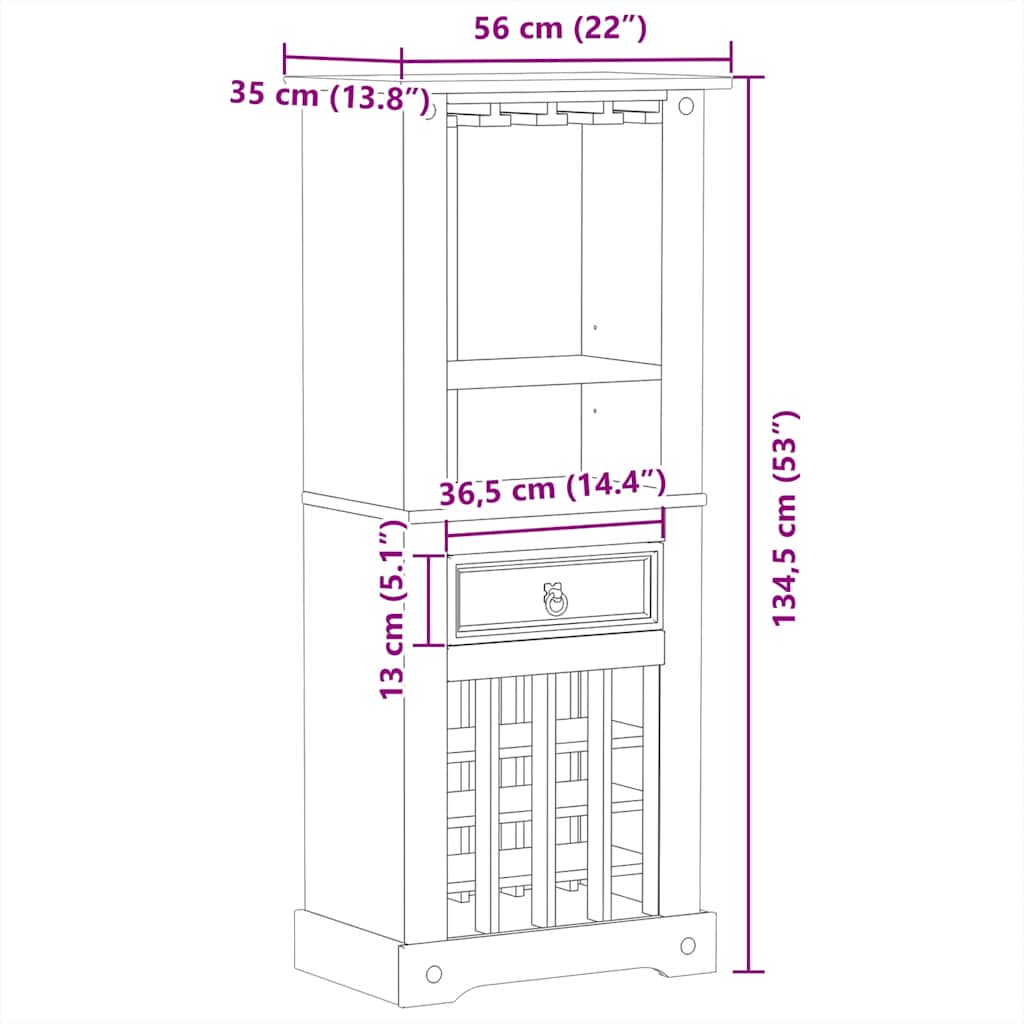 Mueble botellero Corona madera maciza de pino 56x35x134,5 cm
