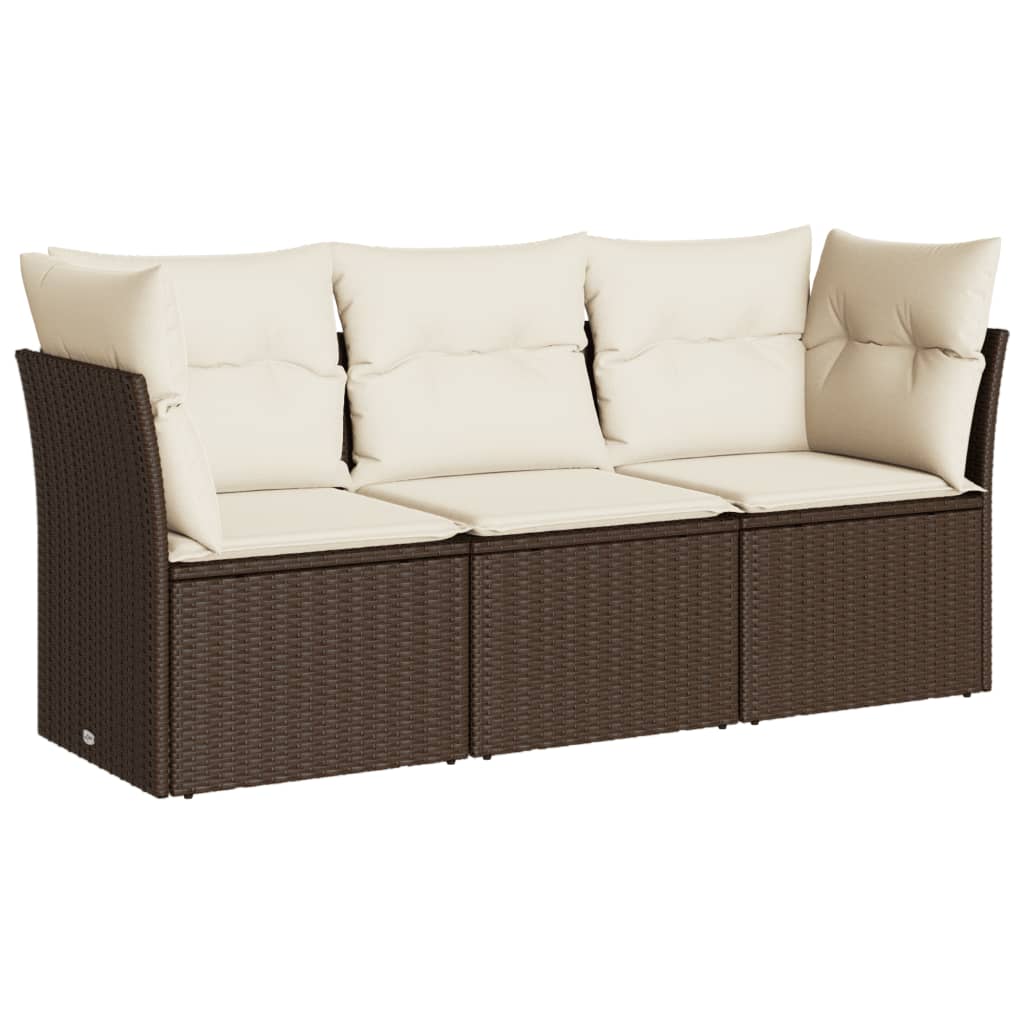 Set sofás de jardín 3 piezas y cojines ratán sintético marrón