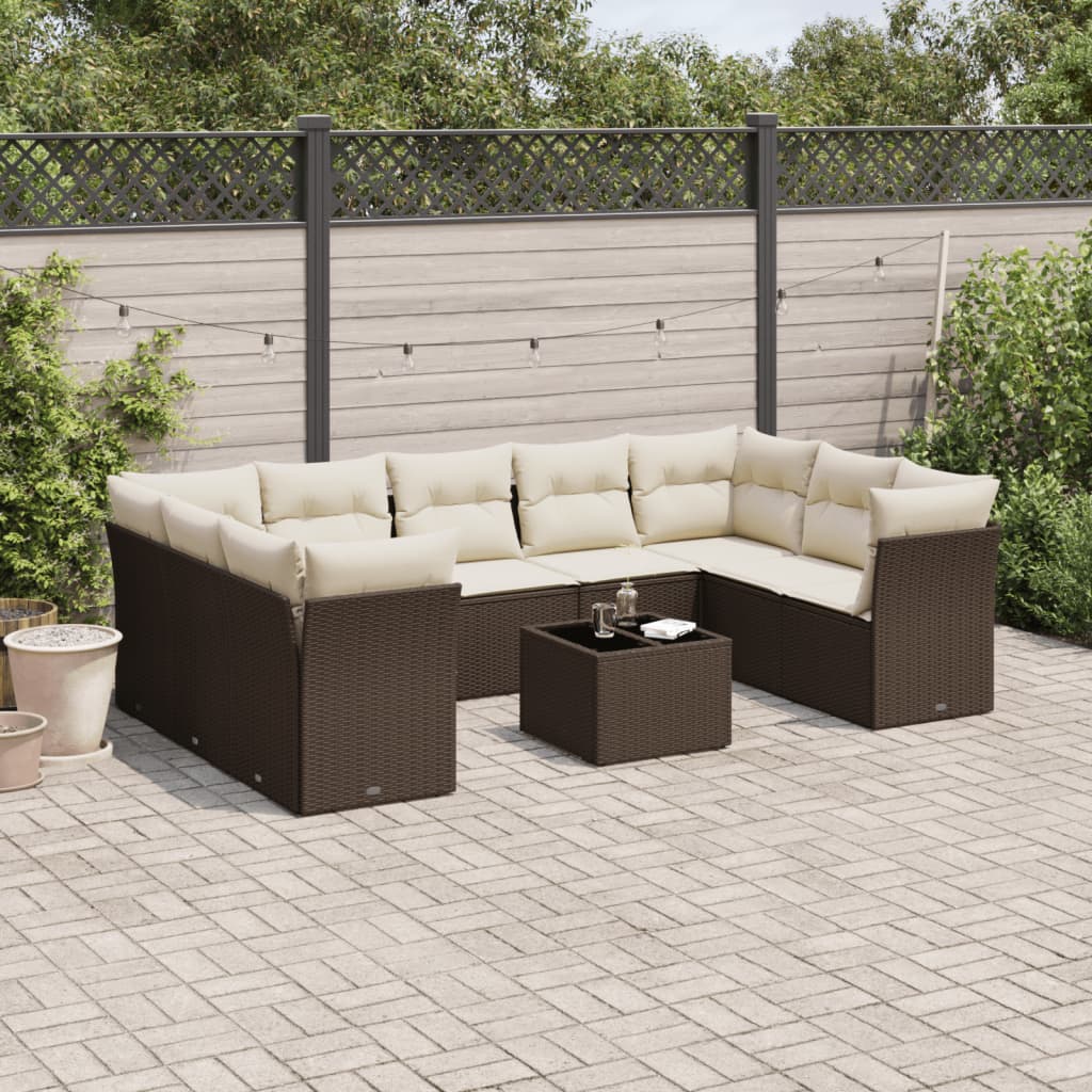 Set de sofás de jardín 10 pzas y cojines ratán sintético marrón