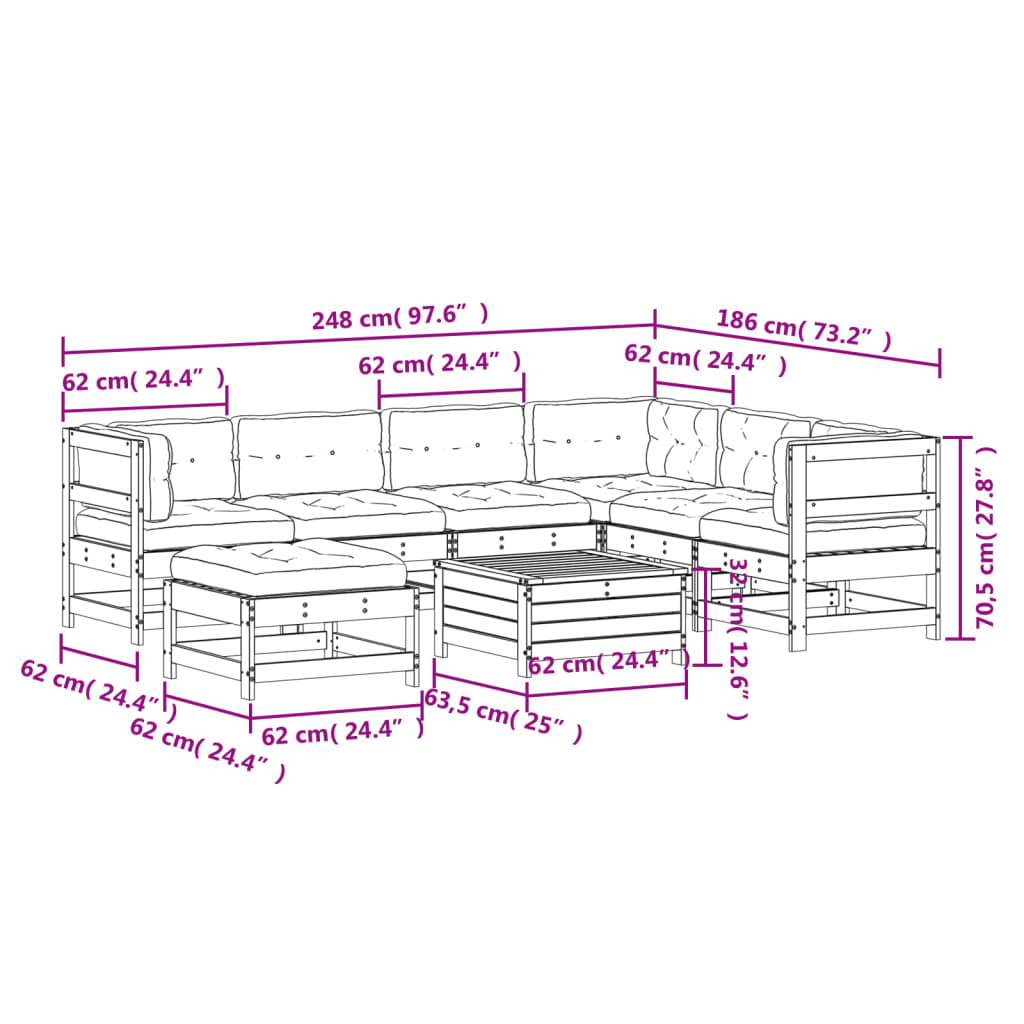 Muebles de jardín 8 pzas y cojines madera maciza pino