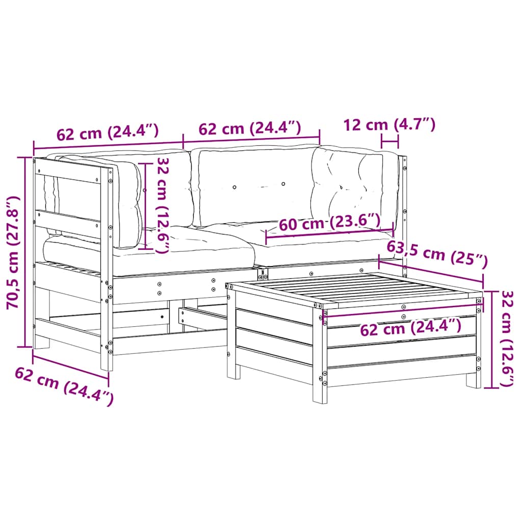 Juego de muebles de jardín 3 pzas y cojines madera maciza pino
