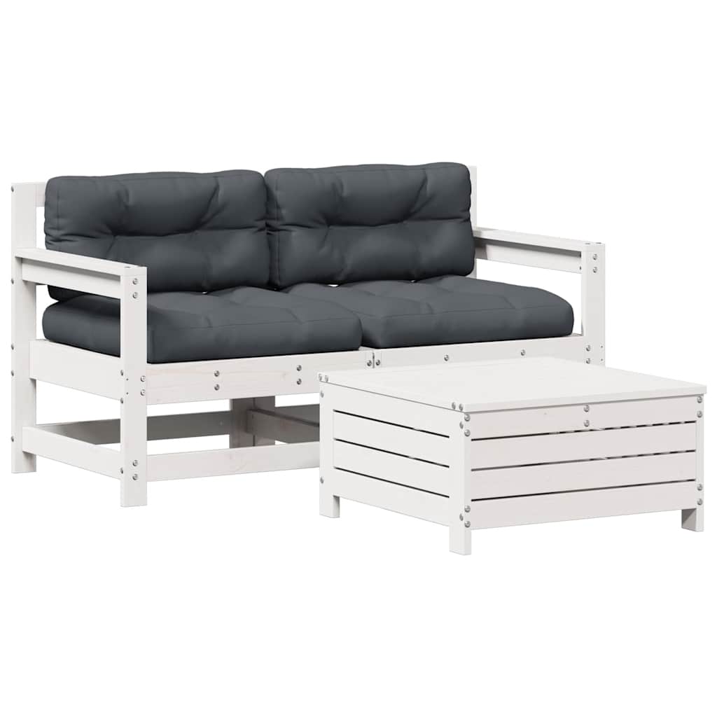 Set de muebles de jardín 3 pzas con cojines madera pino blanco