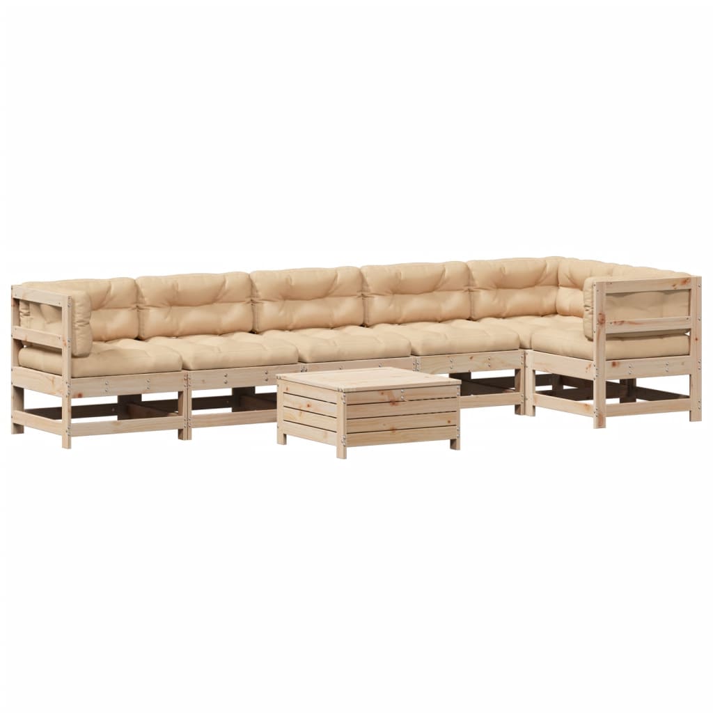 Juego de muebles de jardín 7 pzas y cojines madera maciza pino