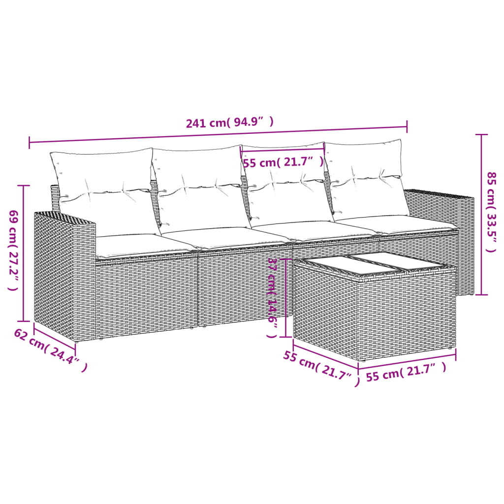 Set de muebles de jardín 5 pzas y cojines ratán sintético negro