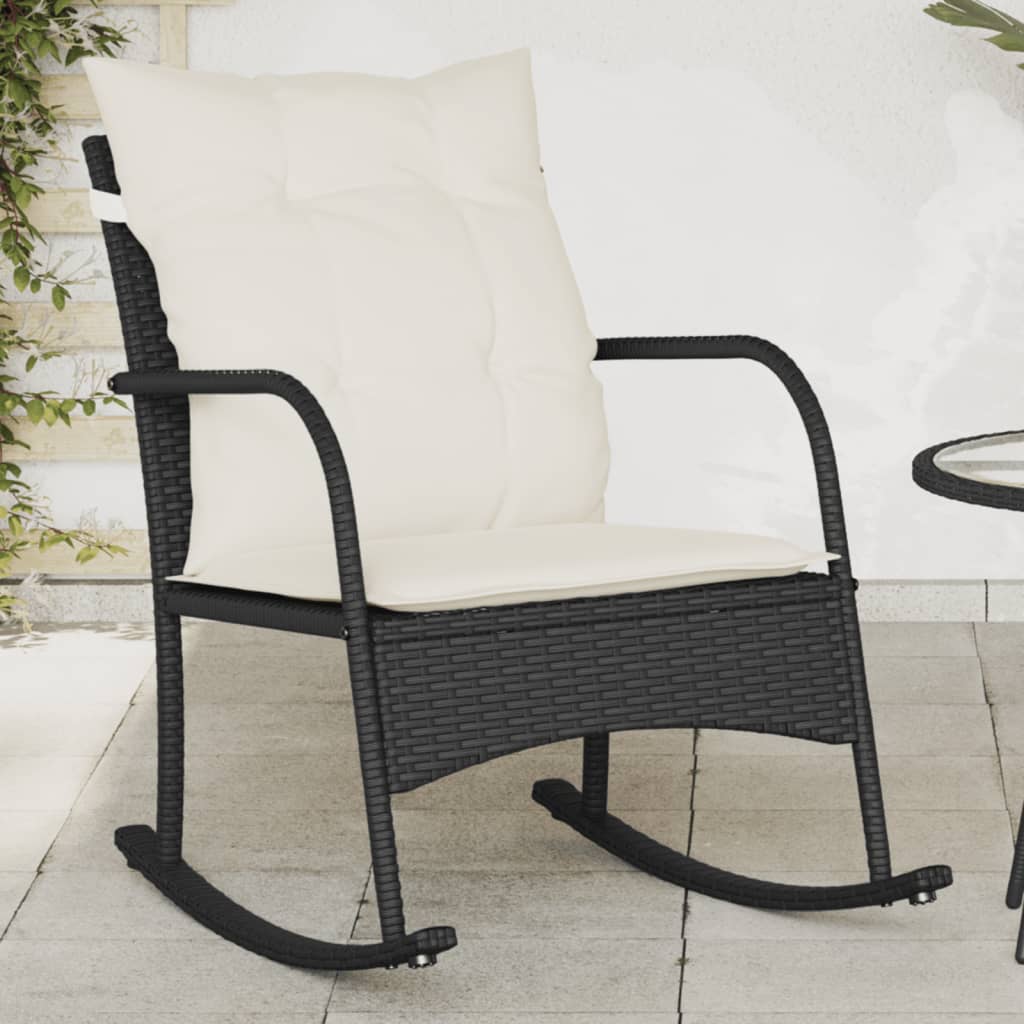 Silla mecedora de jardín con cojines ratán sintético beige